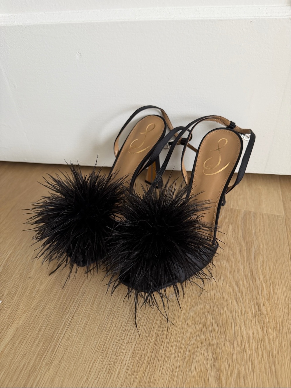 Sam Edelman Black Feather Pom-Pom Slingback Heels Size 7.5